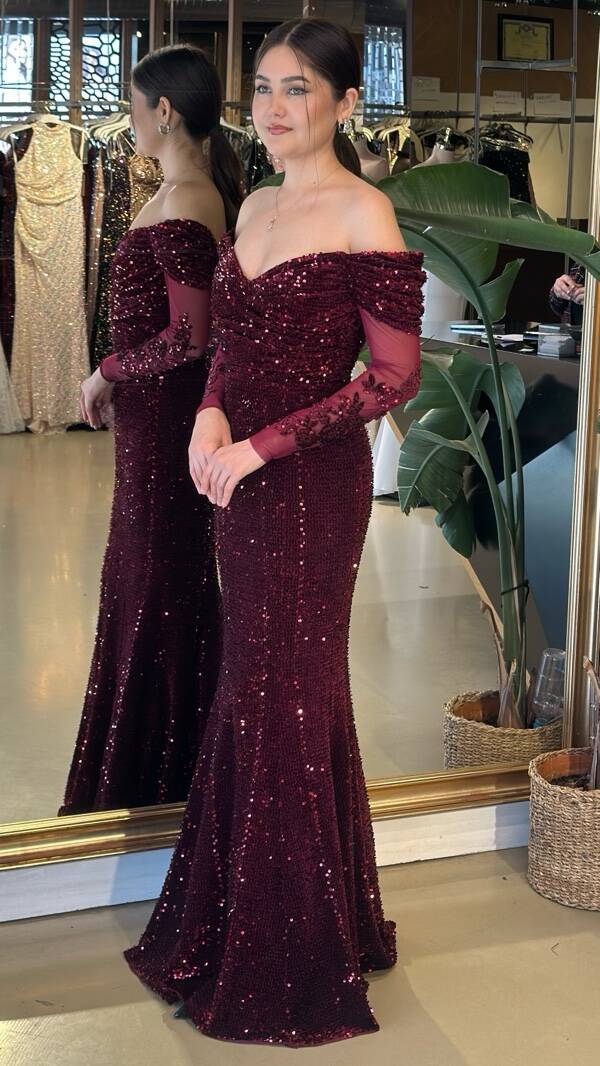 Bordo Madonna Yaka Uzun Kollu Pul Payet Uzun Abiye Elbise 11202-02 - 2