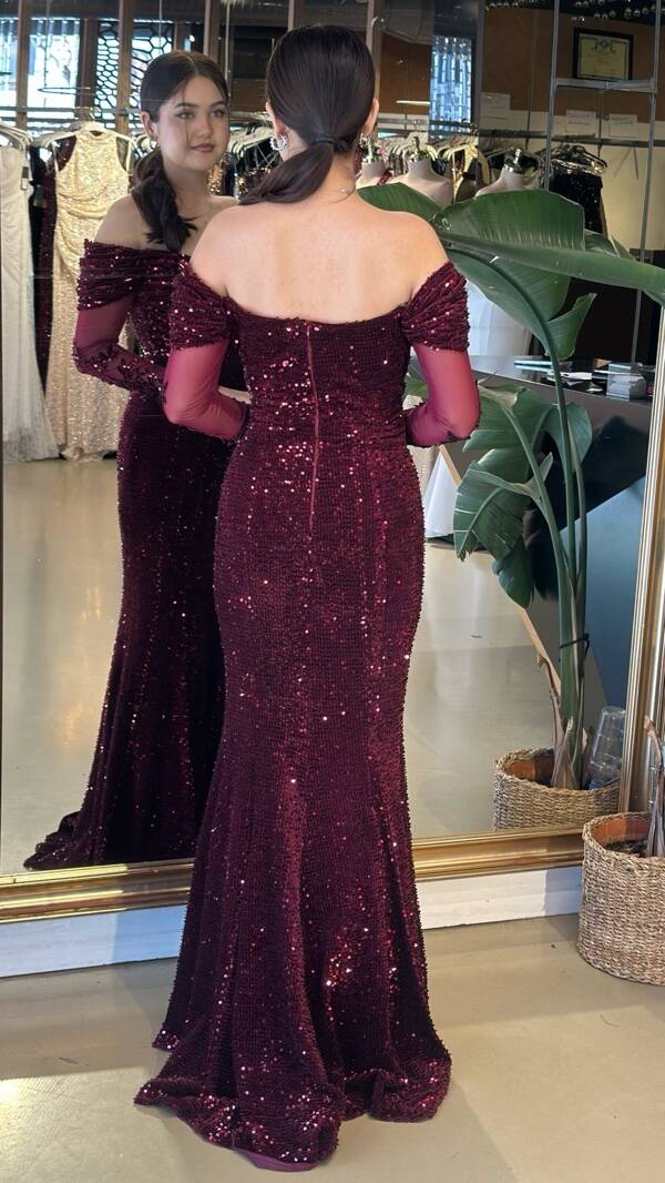 Bordo Madonna Yaka Uzun Kollu Pul Payet Uzun Abiye Elbise 11202-02 - 5