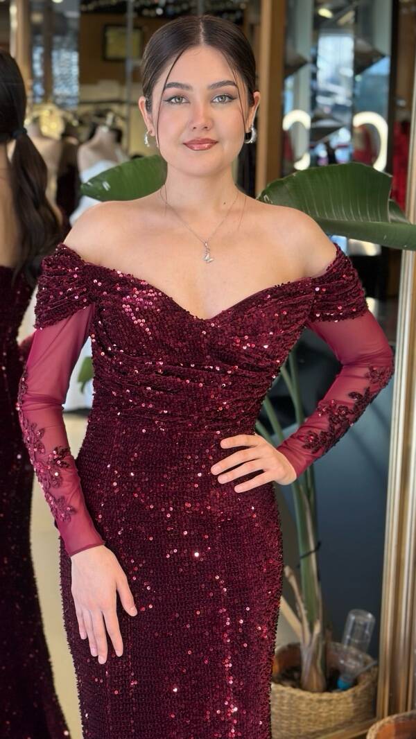 Bordo Madonna Yaka Uzun Kollu Pul Payet Uzun Abiye Elbise 11202-02 - 3