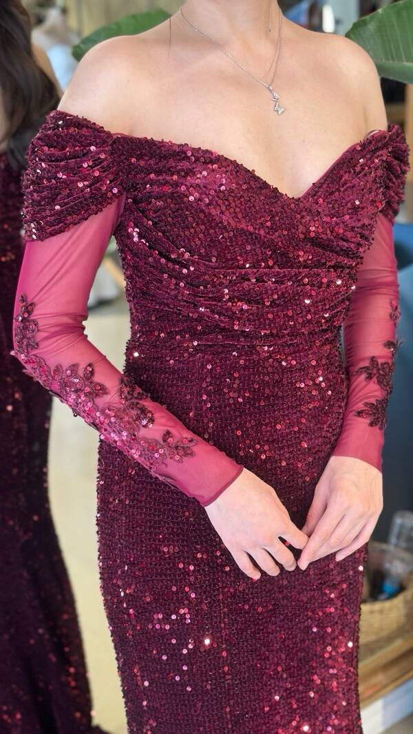 Bordo Madonna Yaka Uzun Kollu Pul Payet Uzun Abiye Elbise 11202-02 - 4