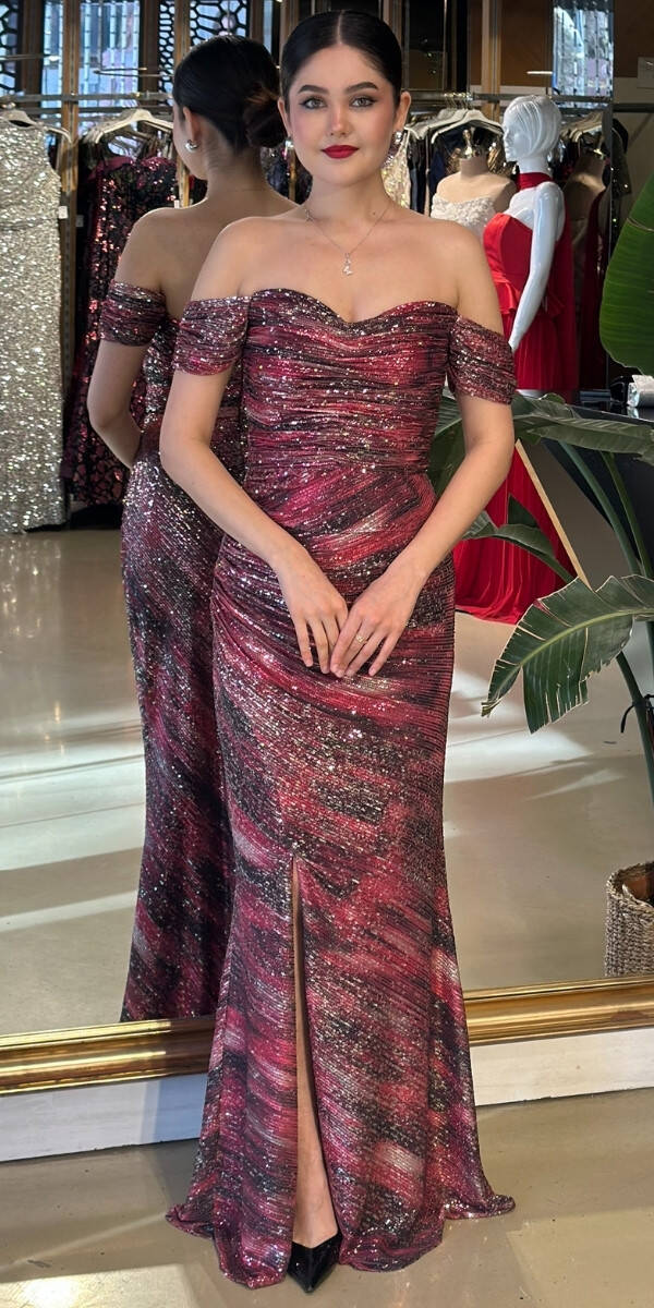 Bordo Payet Uzun Abiye Elbise 7687 - 1