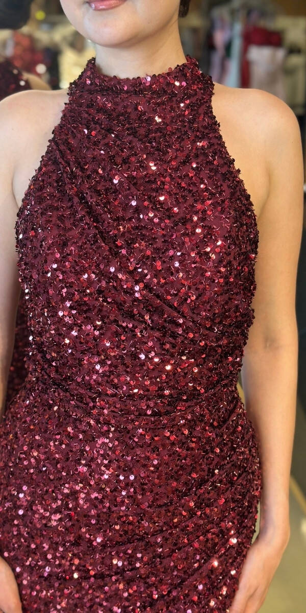 Bordo Stefanel Yaka Yırtmaçlı Düz Kesim Payet Uzun Abiye Elbise 7781 - 4