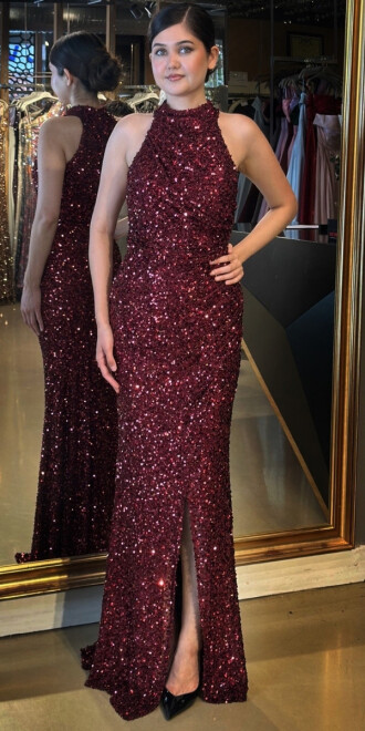 Bordo Stefanel Yaka Yırtmaçlı Düz Kesim Payet Uzun Abiye Elbise 7781 