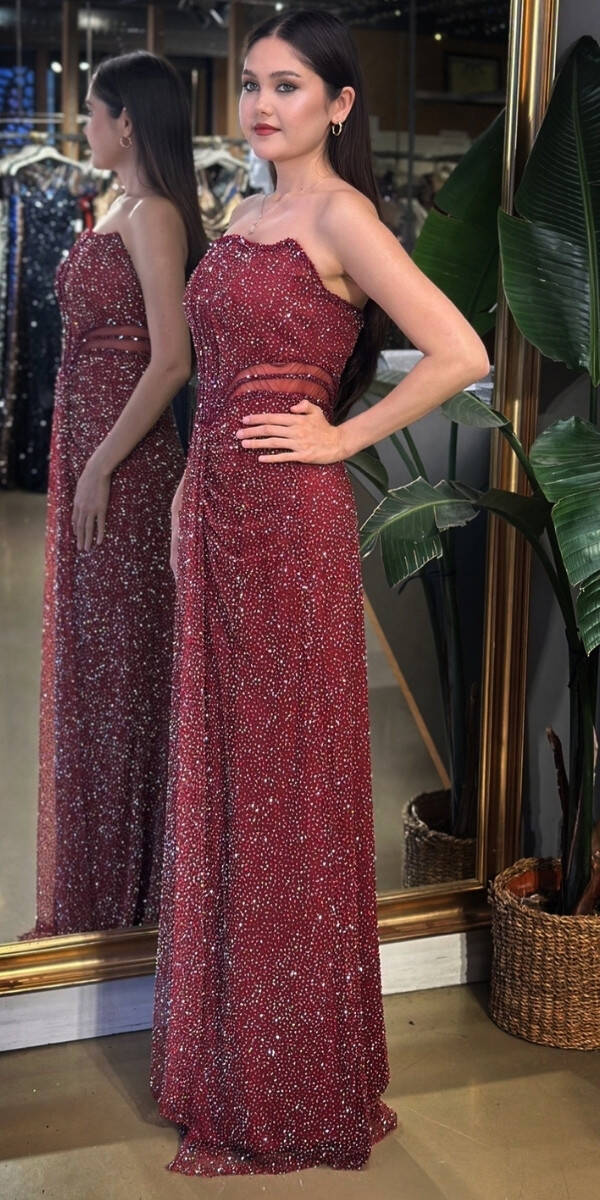 Bordo Straplez Yaka Bel Dekolteli Düz Kesim Taşlı Uzun Abiye Elbise 11156-01 - 2