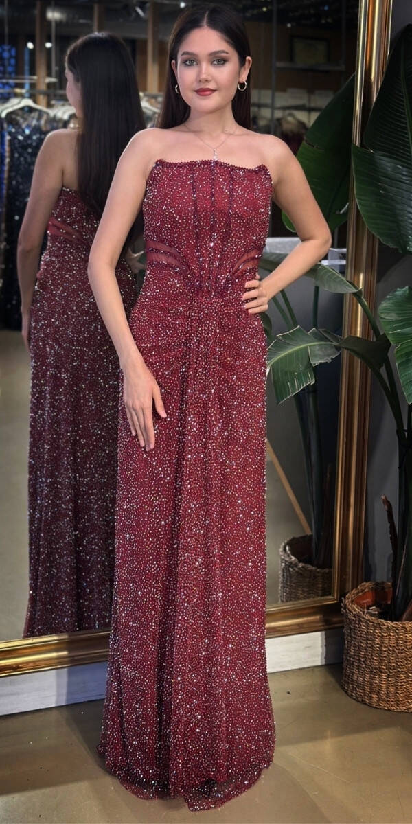 Bordo Straplez Yaka Bel Dekolteli Düz Kesim Taşlı Uzun Abiye Elbise 11156-01 - 1