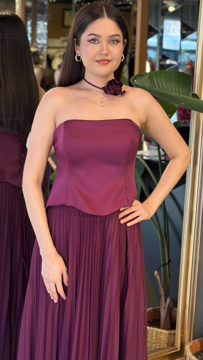 Bordo Straplez Yaka Çiçek Detaylı Kloş Etekli Tül Uzun Abiye Elbise 11153-04 - 3