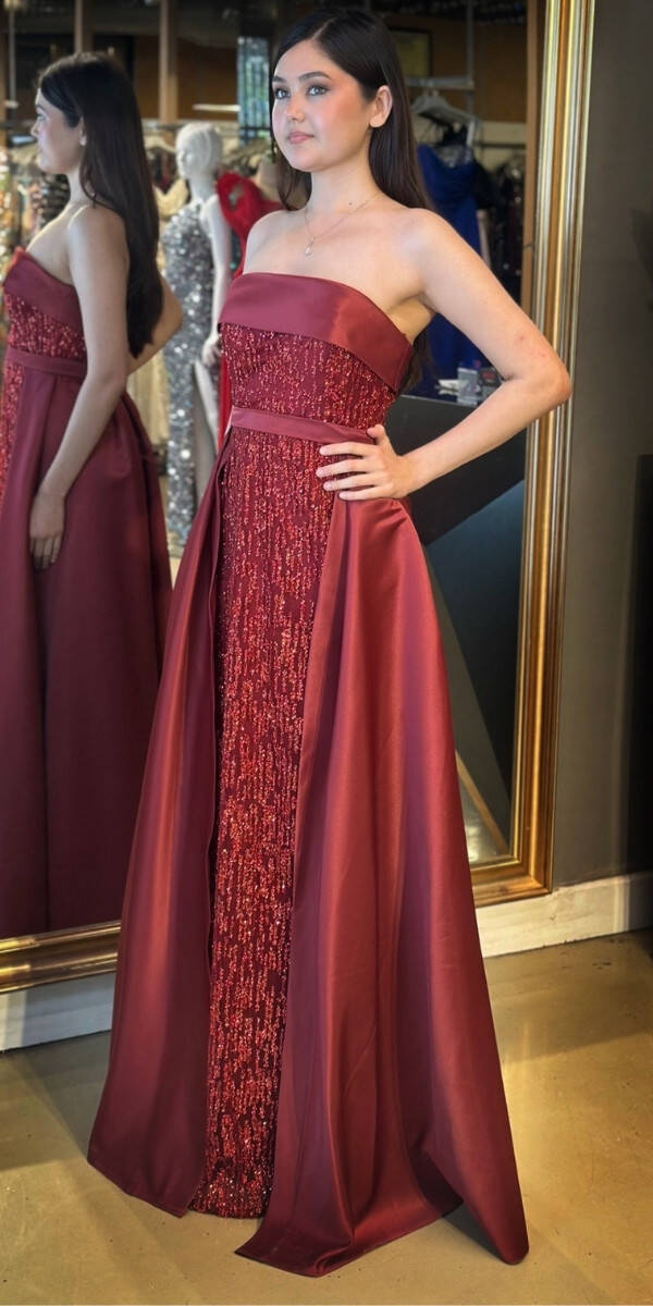 Bordo Straplez Yaka Çıkarılabilir Kuyruklu Düz Kesim Simli Uzun Abiye Elbise 7699 - 2