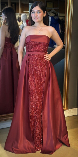 Bordo Straplez Yaka Çıkarılabilir Kuyruklu Düz Kesim Simli Uzun Abiye Elbise 7699 - 1