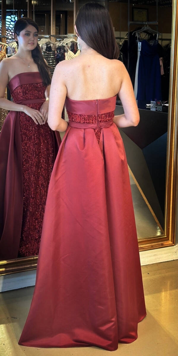 Bordo Straplez Yaka Çıkarılabilir Kuyruklu Düz Kesim Simli Uzun Abiye Elbise 7699 - 5