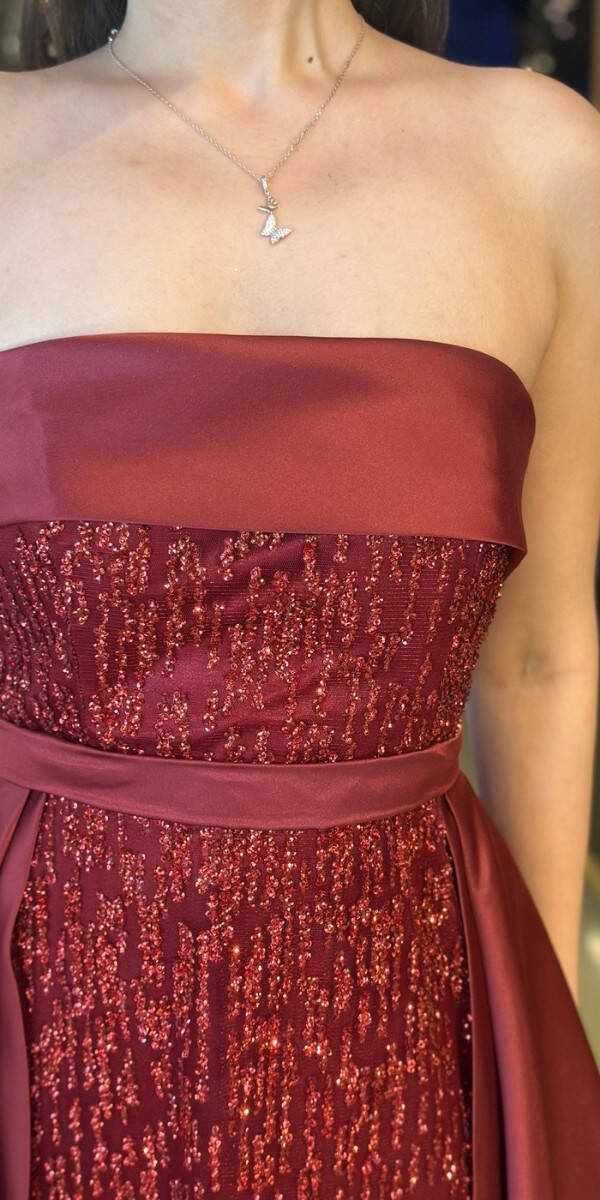 Bordo Straplez Yaka Çıkarılabilir Kuyruklu Düz Kesim Simli Uzun Abiye Elbise 7699 - 4