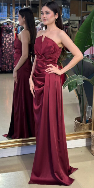 Bordo Straplez Yaka Sırt Dekolteli Düz Kesim Saten Uzun Abiye Elbise 11131-02 - 2