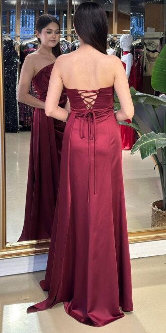 Bordo Straplez Yaka Sırt Dekolteli Düz Kesim Saten Uzun Abiye Elbise 11131-02 - 5