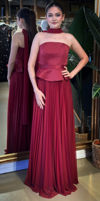 Bordo Straplez Yaka Sırt Dekolteli Kloş Etekli Şifon Uzun Abiye Elbise 11140-04 - abiyeniall