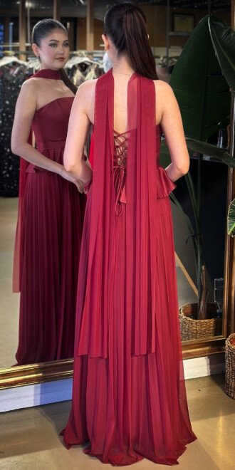 Bordo Straplez Yaka Sırt Dekolteli Kloş Etekli Şifon Uzun Abiye Elbise 11140-04 - 5