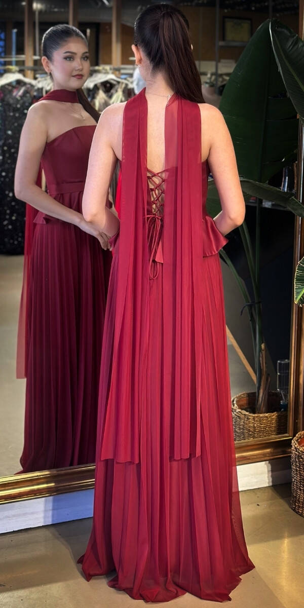Bordo Straplez Yaka Sırt Dekolteli Kloş Etekli Şifon Uzun Abiye Elbise 11140-04 - 5