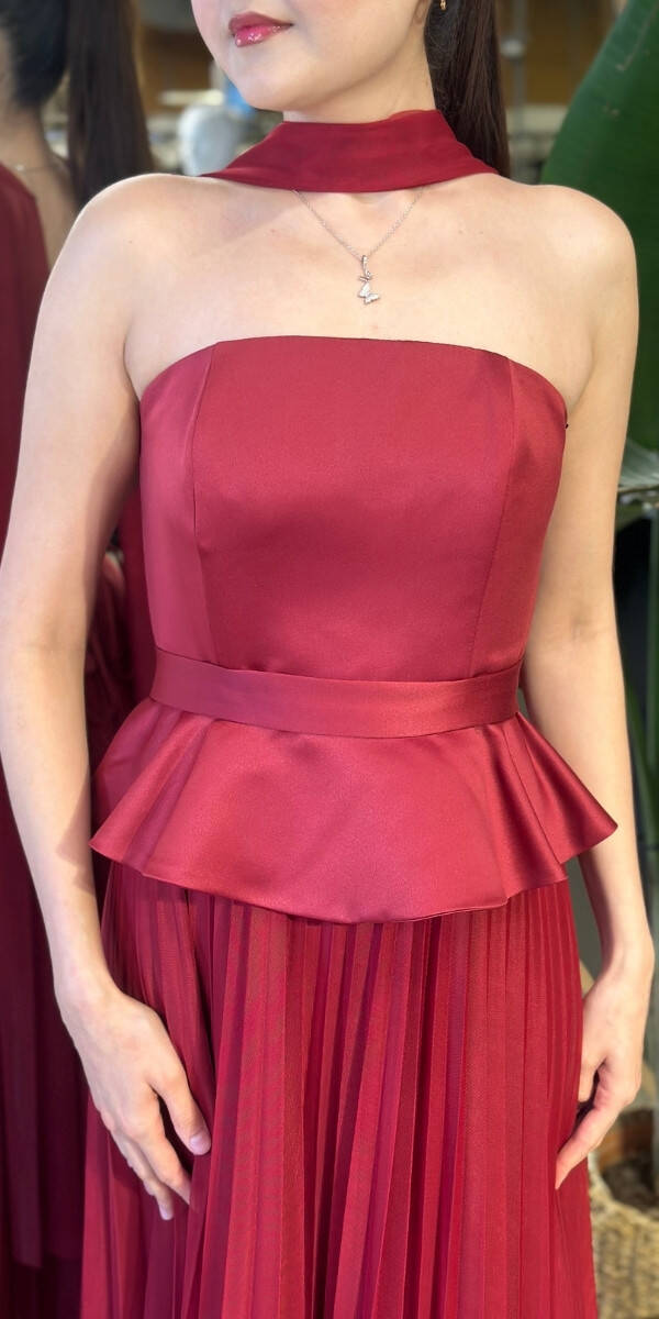 Bordo Straplez Yaka Sırt Dekolteli Kloş Etekli Şifon Uzun Abiye Elbise 11140-04 - 4