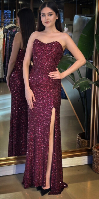 Bordo Straplez Yaka Sırt Dekolteli Yırtmaçlı Düz Kesim Payet Uzun Abiye Elbise 11093-07 - abiyeniall