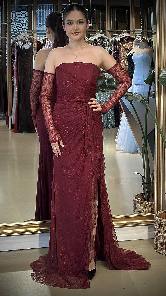 Bordo Straplez Yaka Uzun Kollu Anvelop Yırtmaçlı Düz Kesim Likralı Dantel 11204-03 - 1