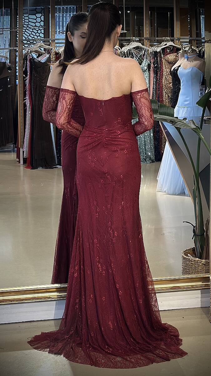 Bordo Straplez Yaka Uzun Kollu Anvelop Yırtmaçlı Düz Kesim Likralı Dantel 11204-03 - 5