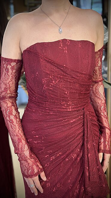 Bordo Straplez Yaka Uzun Kollu Anvelop Yırtmaçlı Düz Kesim Likralı Dantel 11204-03 - 4