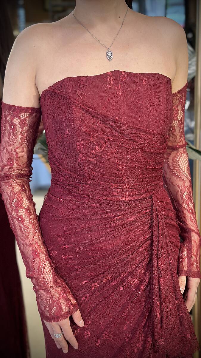 Bordo Straplez Yaka Uzun Kollu Anvelop Yırtmaçlı Düz Kesim Likralı Dantel 11204-03 - 4