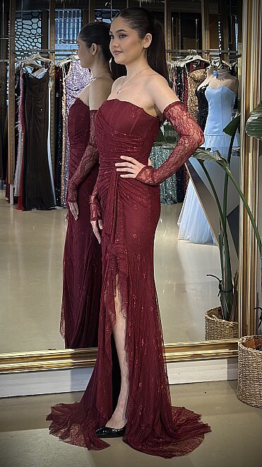 Bordo Straplez Yaka Uzun Kollu Anvelop Yırtmaçlı Düz Kesim Likralı Dantel 11204-03 - 2