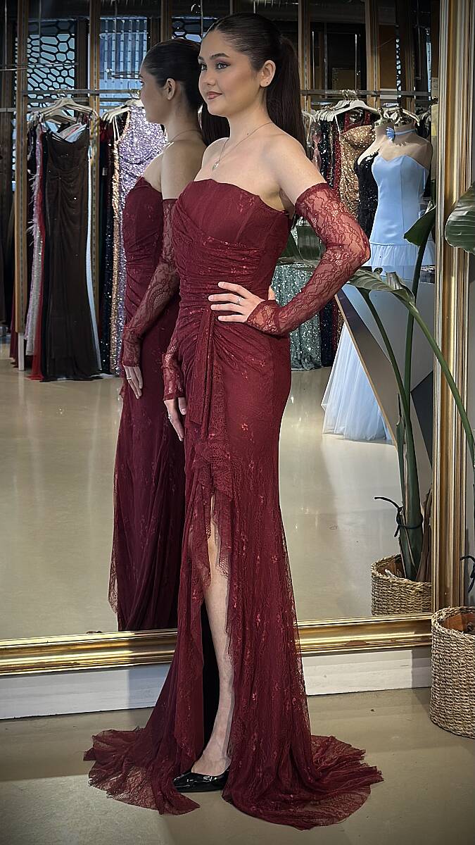 Bordo Straplez Yaka Uzun Kollu Anvelop Yırtmaçlı Düz Kesim Likralı Dantel 11204-03 - 2