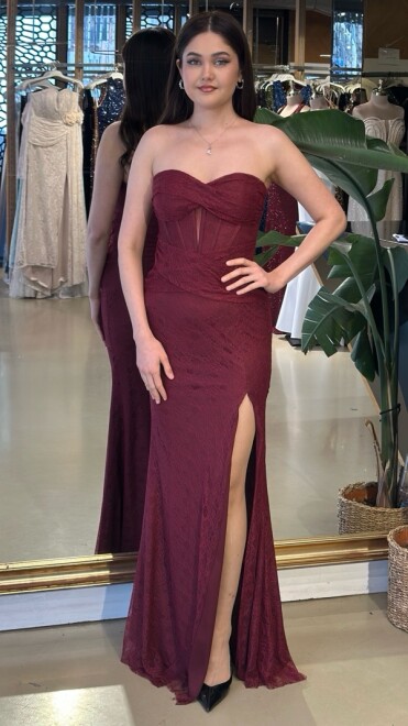 Bordo Straplez Yaka Yırtmaçlı Balık Etekli Dantel Uzun Abiye Elbise 11218-04 - abiyeniall