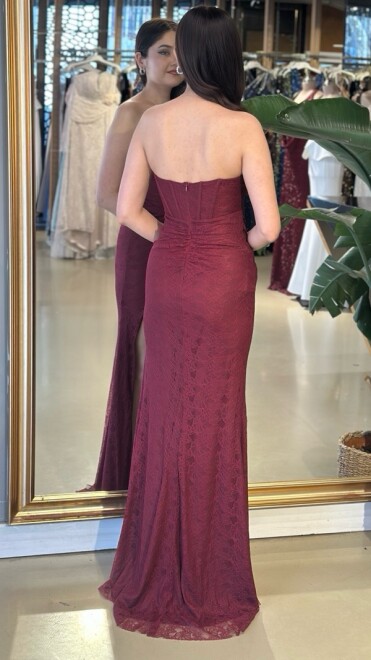 Bordo Straplez Yaka Yırtmaçlı Balık Etekli Dantel Uzun Abiye Elbise 11218-04 - 5