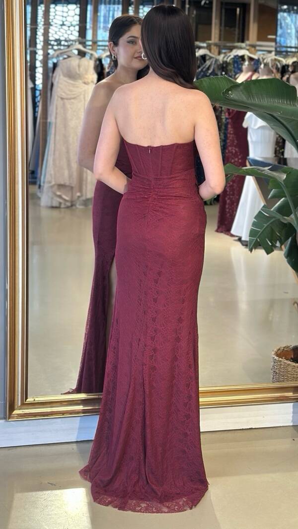 Bordo Straplez Yaka Yırtmaçlı Balık Etekli Dantel Uzun Abiye Elbise 11218-04 - 5