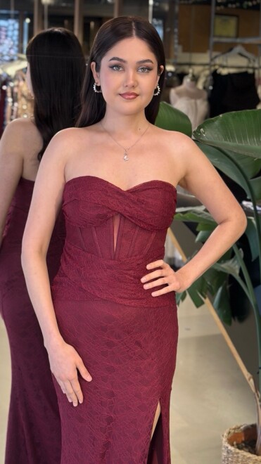 Bordo Straplez Yaka Yırtmaçlı Balık Etekli Dantel Uzun Abiye Elbise 11218-04 - 3