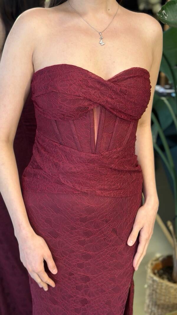 Bordo Straplez Yaka Yırtmaçlı Balık Etekli Dantel Uzun Abiye Elbise 11218-04 - 4