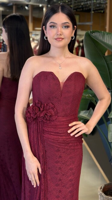 Bordo Straplez Yaka Yırtmaçlı Düz Kesim Likralı Dantel Uzun Abiye Elbise 11194-05 - 4