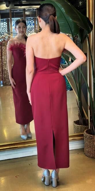 Bordo Tüy Detaylı Yırtmaçlı Düz Kesim Krep Midi Abiye Elbise 7765 - 4