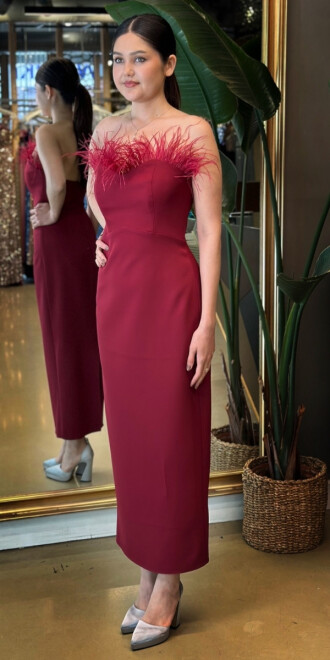 Bordo Tüy Detaylı Yırtmaçlı Düz Kesim Krep Midi Abiye Elbise 7765 - 2