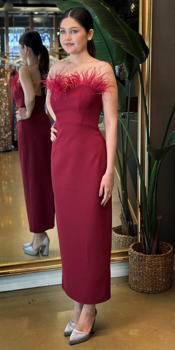 Bordo Tüy Detaylı Yırtmaçlı Düz Kesim Krep Midi Abiye Elbise 7765 - 2