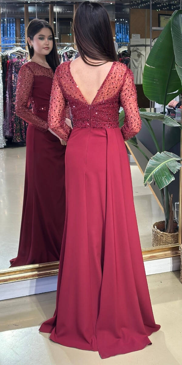 Bordo Uzun Kollu Balık Etekli Krep Uzun Abiye Elbise 7440 - 2