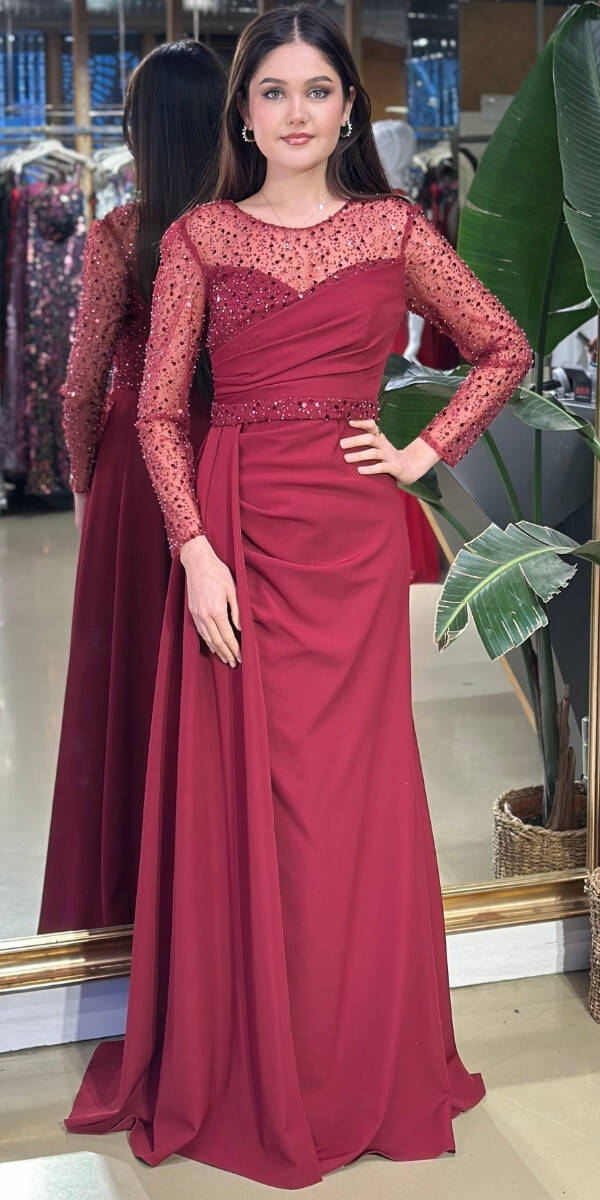 Bordo Uzun Kollu Balık Etekli Krep Uzun Abiye Elbise 7440 - 1