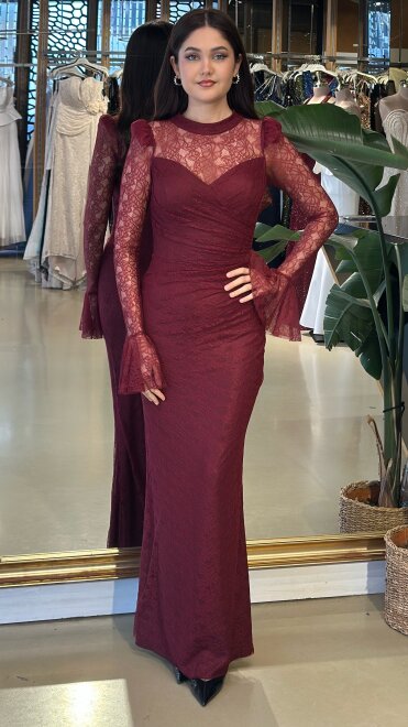 Bordo Uzun Kollu Düz Kesim Likralı Dantel Uzun Abiye Elbise 11203-07 - abiyeniall