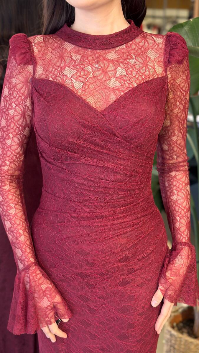 Bordo Uzun Kollu Düz Kesim Likralı Dantel Uzun Abiye Elbise 11203-07 - 4