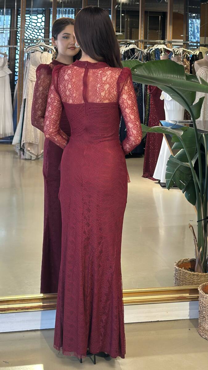 Bordo Uzun Kollu Düz Kesim Likralı Dantel Uzun Abiye Elbise 11203-07 - 5