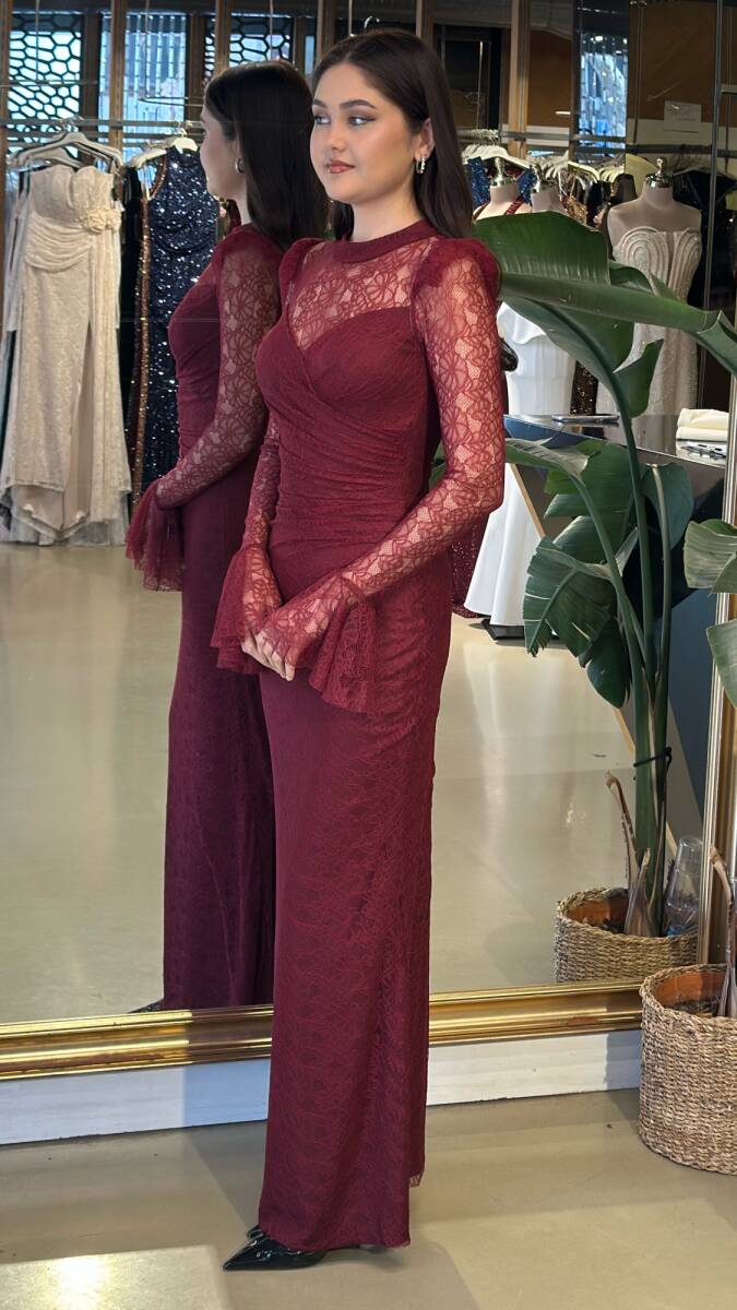 Bordo Uzun Kollu Düz Kesim Likralı Dantel Uzun Abiye Elbise 11203-07 - 2