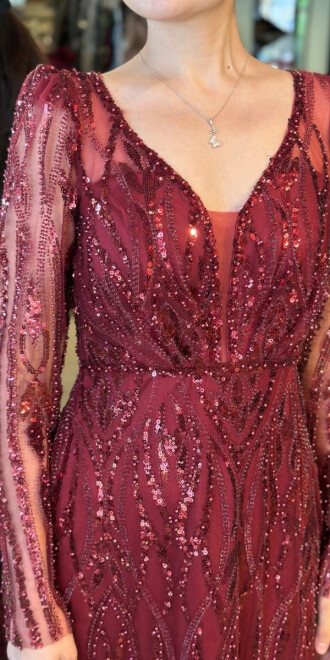 Bordo Uzun Kollu V Yaka Düz Kesim Pullu Boncuklu Uzun Abiye Elbise 11057 - 4