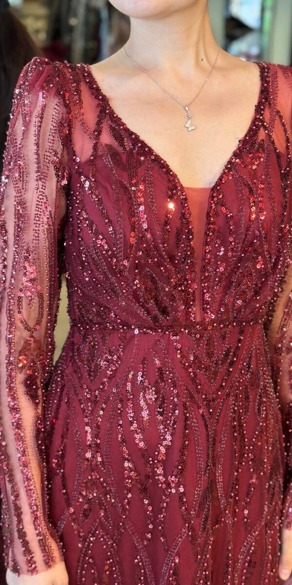 Bordo Uzun Kollu V Yaka Düz Kesim Pullu Boncuklu Uzun Abiye Elbise 11057 - 4