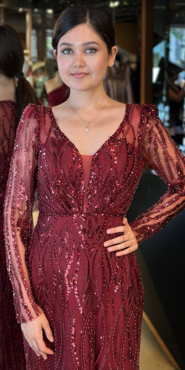 Bordo Uzun Kollu V Yaka Düz Kesim Pullu Boncuklu Uzun Abiye Elbise 11057 - 3