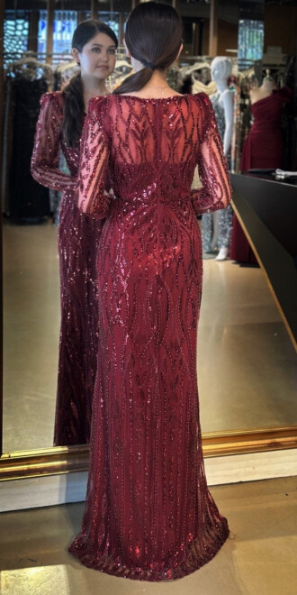 Bordo Uzun Kollu V Yaka Düz Kesim Pullu Boncuklu Uzun Abiye Elbise 11057 - 5