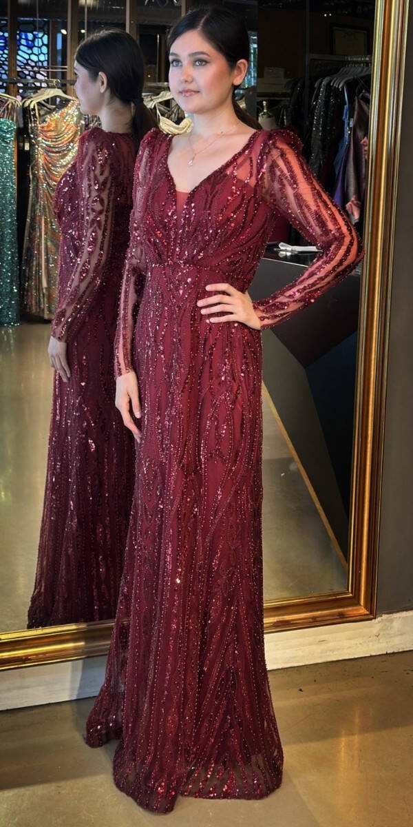 Bordo Uzun Kollu V Yaka Düz Kesim Pullu Boncuklu Uzun Abiye Elbise 11057 - 2