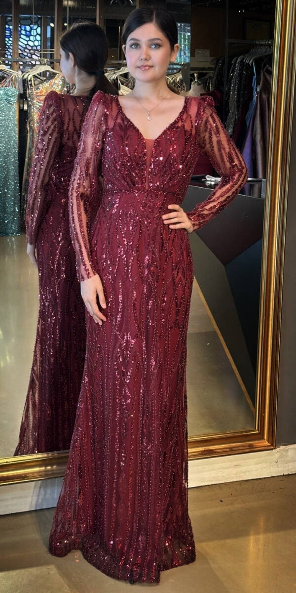 Bordo Uzun Kollu V Yaka Düz Kesim Pullu Boncuklu Uzun Abiye Elbise 11057 - 1