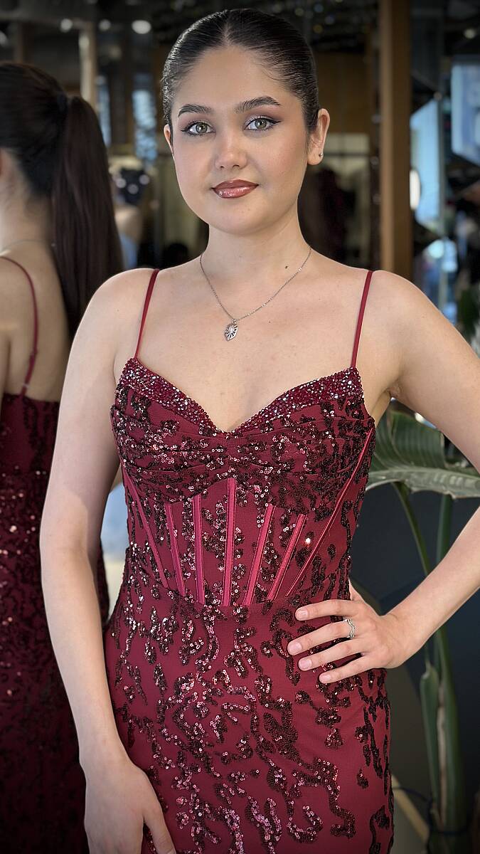 Bordo V Yaka İp Askılı Yırtmaçlı Düz Kesim Pullu Boncuklu Uzun Abiye Elbise 11263-01 - 4