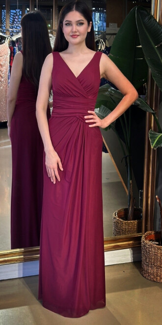 Bordo V Yaka Kalın Askı Anvelop Yırtmaçlı Düz Kesim Likralı Tül Uzun Abiye Elbise 11123-07 - abiyeniall